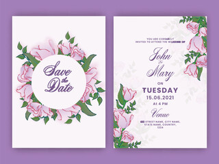 Beautiful Floral Wedding Card Template In Front And Back View.