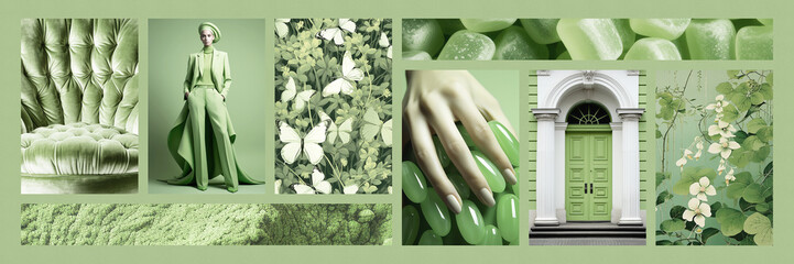 Inspiring fashion mood board. Collage with top colors photos. Green aesthetic wallpaper