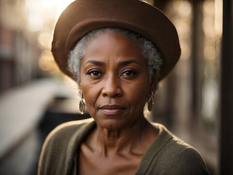 A portrait of a thoughtful senior black woman, an emblem of middle-class black America, showcasing wisdom and resilience. 