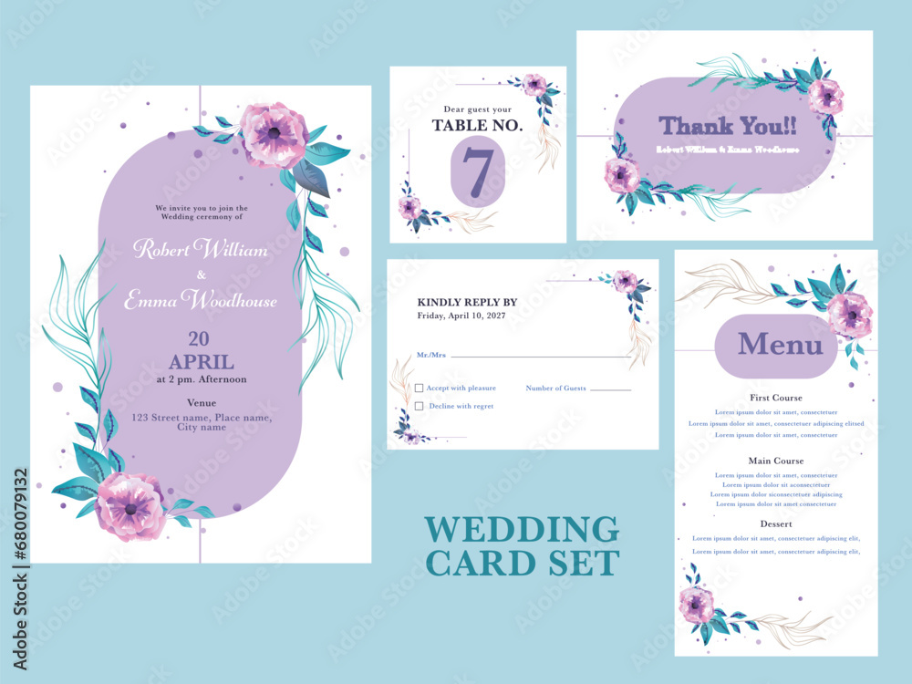 Canvas Prints Floral Wedding Invitation Card Suite like as Table Number, Menu, Thank You and RSVP Card.