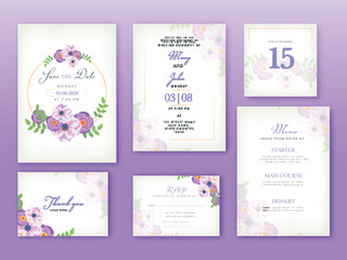 Beautiful Floral Wedding Invitation Card Suite as Save The Date, Menu Details, Table Number, Thank You and RSVP Card.