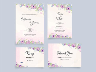 Fototapeta na wymiar Floral Wedding Invitation Suite Like As Save The Date, RSVP And Thank You Card Illustration.
