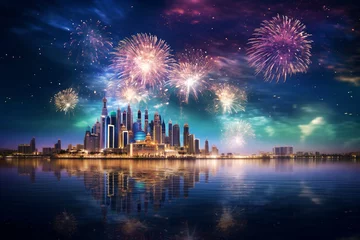 Gordijnen Abu Dhabi city skyline with firework show at night © Adito