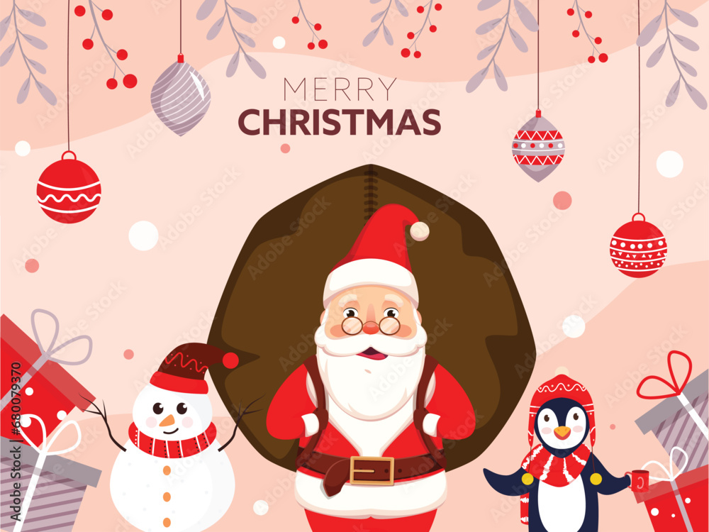 Canvas Prints illustration of santa claus lifting a heavy sack with cartoon penguin, snowman, gift boxes and hangi