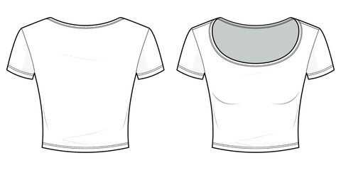 white crop slim fit Tee flat technical fashion illustration. Fitted tee shirt fashion flat technical drawing template, with a deep scoop neckline. front view, back view, white color, CAD mockup set.