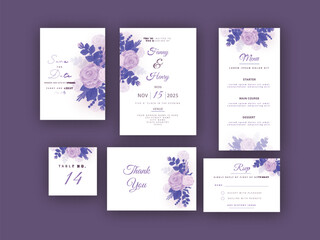 Elegant Floral Wedding Invitation Card Suite Presenting on Purple Background.