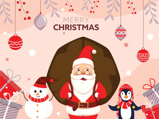 Illustration of Santa Claus Lifting a Heavy Sack with Cartoon Penguin, Snowman, Gift Boxes and Hanging Baubles Decorated Beige Background for Merry Christmas.