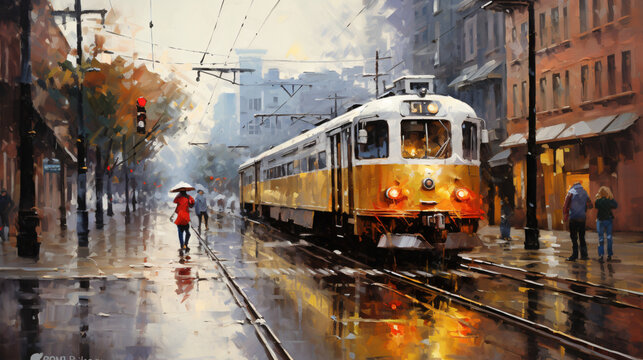 Train in old city oil paintings landscape