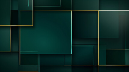
Dark green abstract background with gold lines and shadow. Geometric shape overlap layers. Transparent squares. Modern luxury rounded squares graphic pattern banner template design
