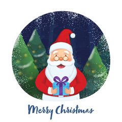 Cartoon Santa Claus Holding a Gift Box with Xmas Trees, Noise Effect and Snowfall on Violet Background for Merry Christmas.