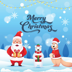 Fototapeta na wymiar Illustration of Santa Claus with Polar Bear Holding Gift Box and Cartoon Squirrel on Snowflake Blue Background for Merry Christmas.
