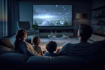 A family watches a movie in a home theater. - obrazy, fototapety, plakaty