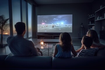 A family watches a movie in a home theater.