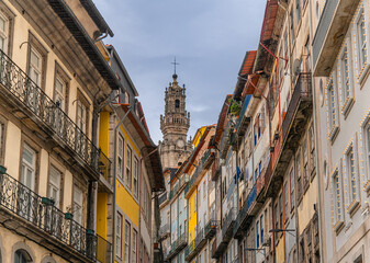 Fototapeta na wymiar Typical Facades and Clerigos Church Tower in the city of Porto, Portugal