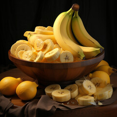 Em um close-up, observamos bananas descascadas dispostas ao lado de outras ainda intactas, sobre uma mesa.