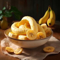 Em um close-up, observamos bananas descascadas dispostas ao lado de outras ainda intactas, sobre uma mesa.
