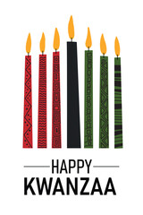 Happy Kwanzaa greeting card with hand drawn kinara seven candles and text. Template for African American heritage holiday. Vector illustration