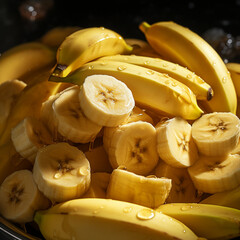 Em um close-up, observamos bananas descascadas dispostas ao lado de outras ainda intactas, sobre uma mesa.