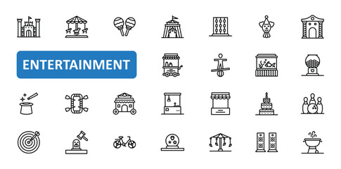 Entertainment icon set. circus, festival, carnival, entertainment, park, amusement, carousel, castle, kingdom, joker, icons. Editable stroke thin line outline icon collection. Vector illustration