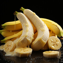 Em um close-up, observamos bananas descascadas dispostas ao lado de outras ainda intactas, sobre uma mesa.