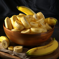 Em um close-up, observamos bananas descascadas dispostas ao lado de outras ainda intactas, sobre uma mesa.