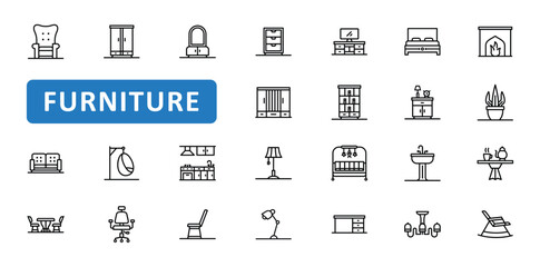Furniture icon set. sofa, couch, chair, armchair, wardrobe, cupboard, dining, table, bed, room, home, house, cabinet, icons. Editable stroke thin line outline icon collection. Vector illustration
