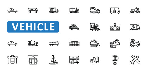 Vehicle icon set. car, bus, truck, train, auto, taxi, rickshaw, plane, transport, transportation, icons. Editable stroke thin line outline icon collection. Vector illustration