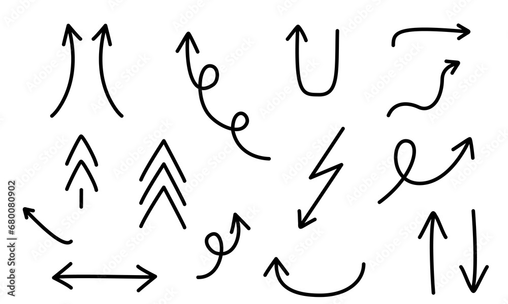 Poster Set of hand-drawn arrows. Collection of hand drawn arrows on isolated background. Arrow mark icons. Vector illustration EPS 10