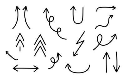 Set of hand-drawn arrows. Collection of hand drawn arrows on isolated background. Arrow mark icons. Vector illustration EPS 10