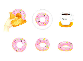 ストロベリーチョコレートのドーナツのセット　スイーツ・お菓子の手描き水彩イラスト素材集