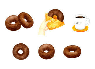 シンプルなチョコレートドーナツのセット　スイーツ・お菓子の手描き水彩イラスト素材集