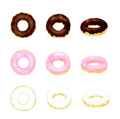 チョコがけドーナツのセット　スイーツ・お菓子の手描き水彩イラスト素材集