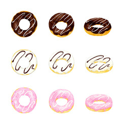 チョコがけドーナツのセット　スイーツ・お菓子の手描き水彩イラスト素材集