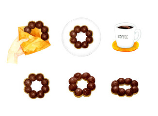 チョコがけもちもちドーナツのセット　スイーツ・お菓子の手描き水彩イラスト素材集