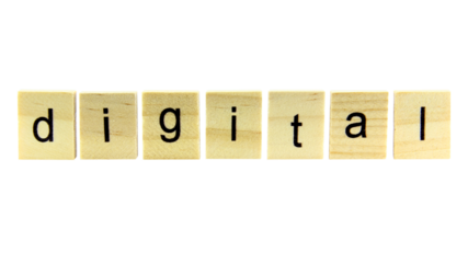 Short word english letter with text "digital" on a small wooden cubes block with white background.