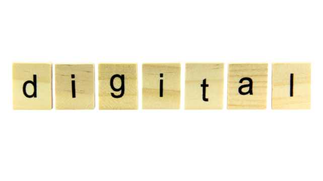 Short word english letter with text "digital" on a small wooden cubes block with white background.
