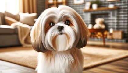 Close-up photograph of a Shih Tzu (Canis lupus familiaris) in a home interior, showcasing a long, flowing coat and bright eyes.
