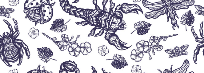 Insects background. Old school tattoo vector seamless pattern. Stag beetle, bee, bumblebee, butterfly, snail, scorpion, ladybug, spider and dragonfly - obrazy, fototapety, plakaty