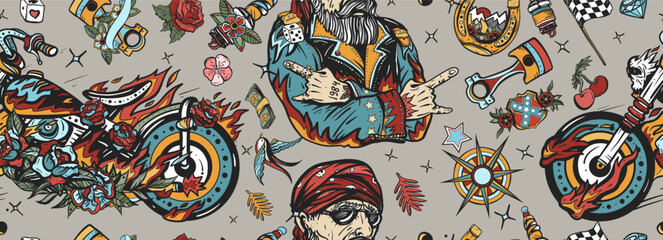 Naklejka premium Bearded biker man, burning chopper motorcycle, rider moto sport art. Racers background. Bikers lifestyle seamless pattern. Old school tattoo style