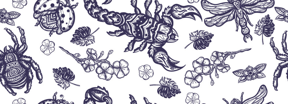 Insects background. Old school tattoo vector seamless pattern. Stag beetle, bee, bumblebee, butterfly, snail, scorpion, ladybug, spider and dragonfly