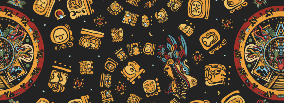 Mayan pattern. Aztec, inca background. Ancient mexican civilization. Old school tattoo style. Golden glyphs, Kukulkan, totem, dragon, indian