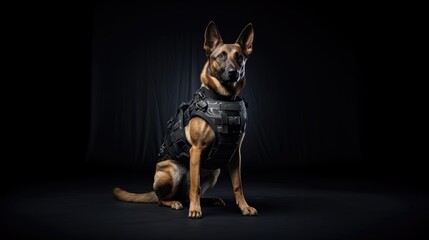 Fototapeta premium dedication of a police dog equipped with a bulletproof vest. An impactful image portraying the canine's commitment to law enforcement and public safety