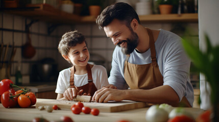 Father teaching son to cut onion in kitchen at home