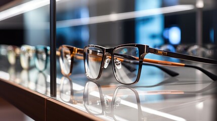 sophistication of eyewear fashion with an image of a row of luxury glasses in a chic optical shop.