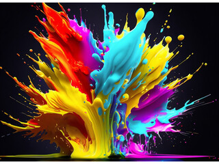Abstract explosion of colors in paint splashes, isolated on black. Mixed liquid vivid flow, curved dynamic fluid for creative background - obrazy, fototapety, plakaty