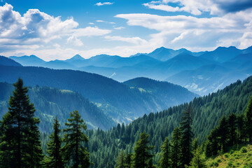 Fototapeta premium Mountain range with a blue sky. Generative Ai