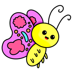 Kawaii colorful butterfly with a yellow body pink wings with blue red and orange design