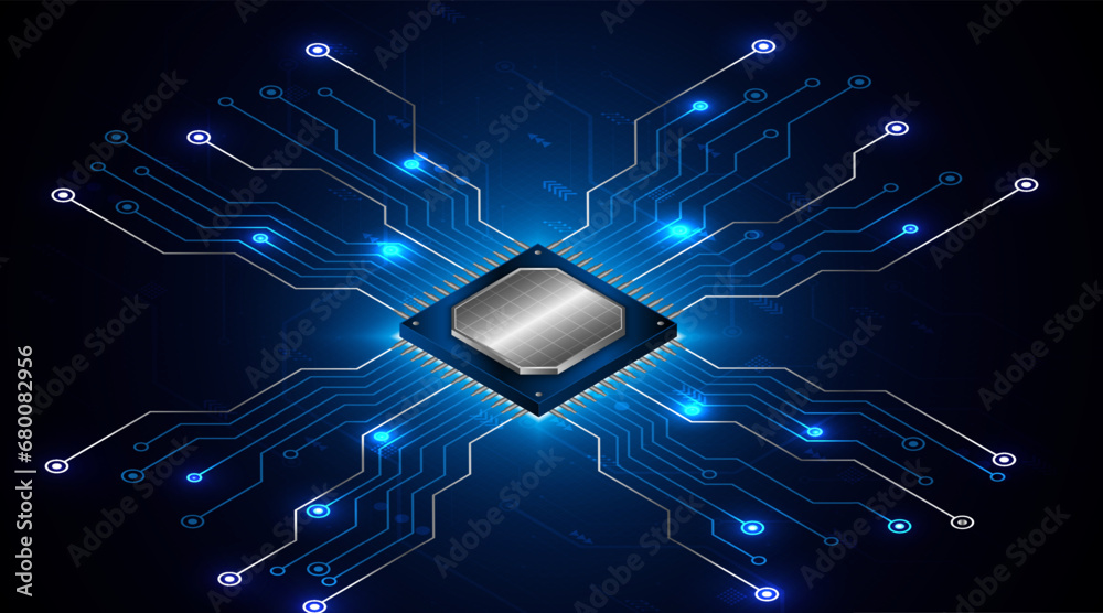 Poster Microchip processor circuit board technology on dark blue background. Information Processing Concept. Circuit board hi-tech technology background. vector illustration
