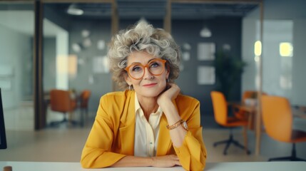 Business representative mature woman manager director boss 50, 60, 70 years old in suit sitting in office, cafe or coworking space, retirees returning back to work, elderly employees, Unretirement - obrazy, fototapety, plakaty