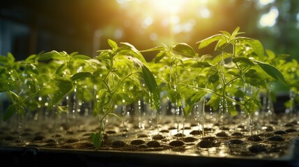 commitment to plant care with a captivating image of watering tomato plant seedlings in a greenhouse garden